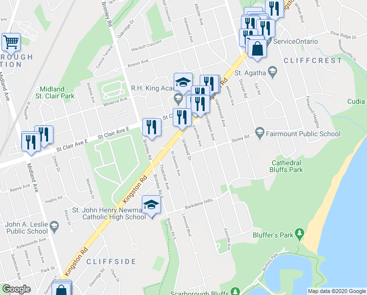 map of restaurants, bars, coffee shops, grocery stores, and more near 144 Gradwell Drive in Toronto