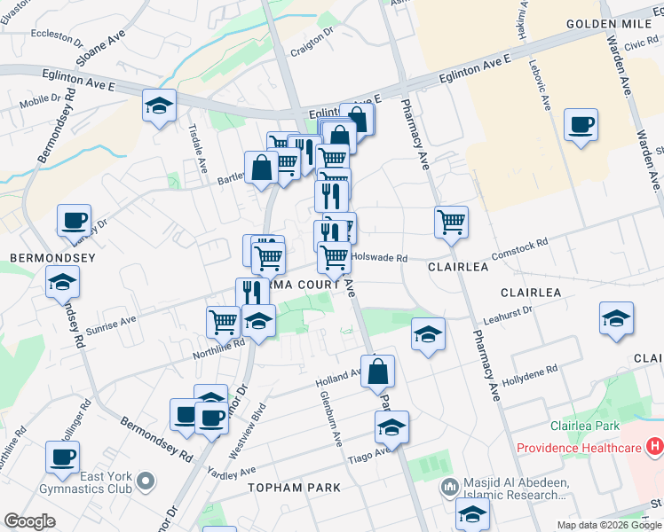 map of restaurants, bars, coffee shops, grocery stores, and more near 1410 Victoria Park Avenue in Toronto