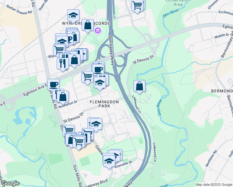 map of restaurants, bars, coffee shops, grocery stores, and more near 34 Saint Dennis Drive in Toronto