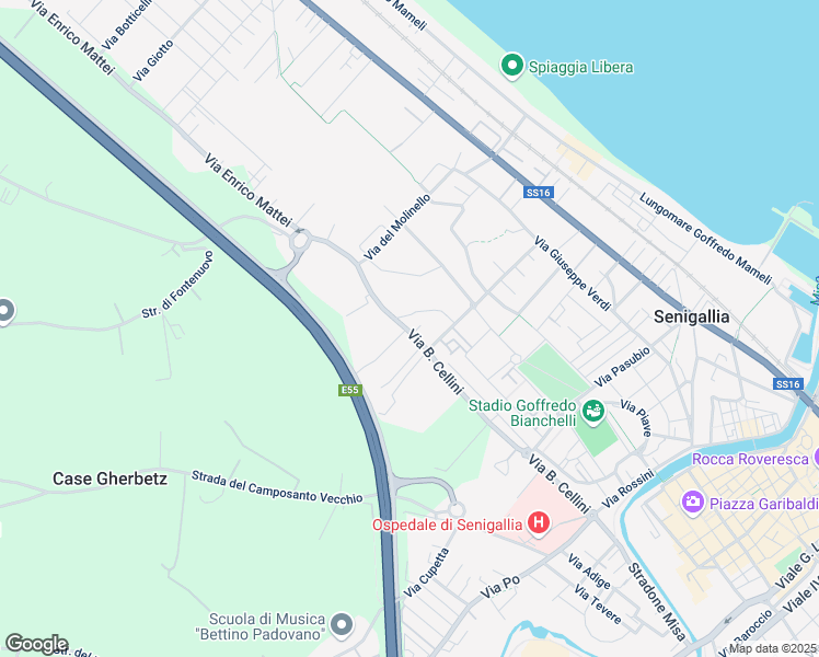 map of restaurants, bars, coffee shops, grocery stores, and more near 292 Via Benvenuto Cellini in Senigallia