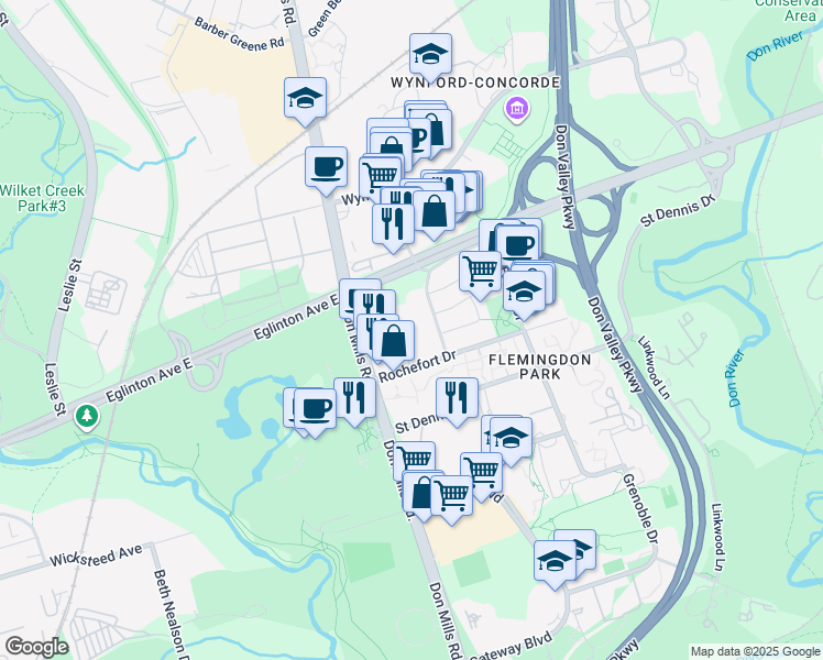 map of restaurants, bars, coffee shops, grocery stores, and more near 6 Sonic way in Toronto