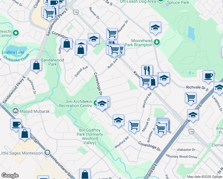 map of restaurants, bars, coffee shops, grocery stores, and more near 24 Jay Street in Brampton