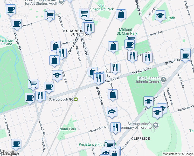 map of restaurants, bars, coffee shops, grocery stores, and more near 563 Midland Avenue in Toronto