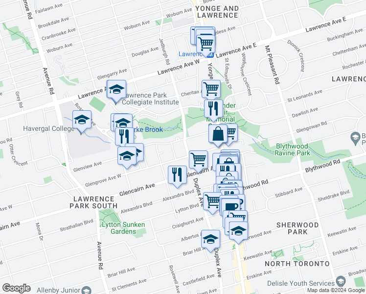 map of restaurants, bars, coffee shops, grocery stores, and more near 844 Duplex Avenue in Toronto