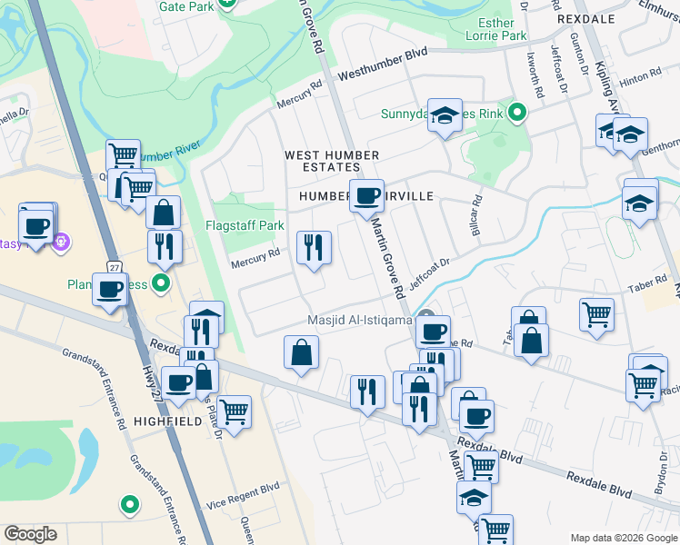 map of restaurants, bars, coffee shops, grocery stores, and more near in Toronto