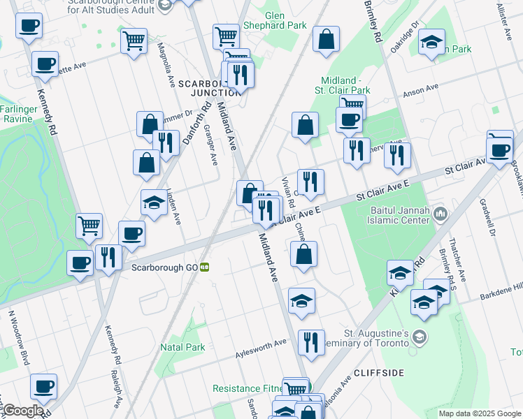 map of restaurants, bars, coffee shops, grocery stores, and more near 565 Midland Avenue in Toronto