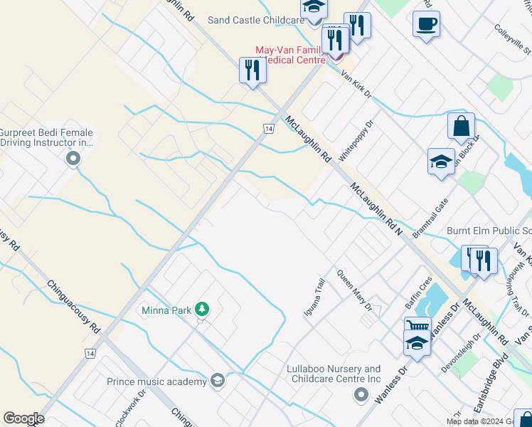map of restaurants, bars, coffee shops, grocery stores, and more near 588 Queen Mary Drive in Brampton