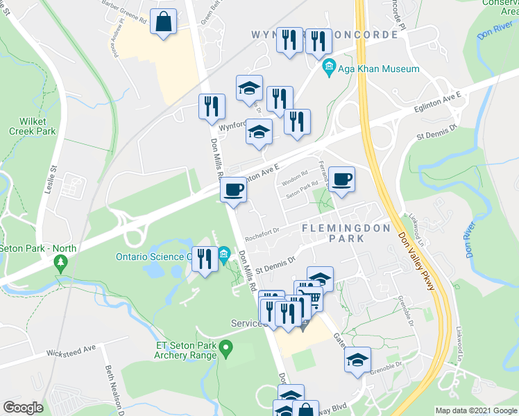 map of restaurants, bars, coffee shops, grocery stores, and more near 2 Sonic way in Toronto