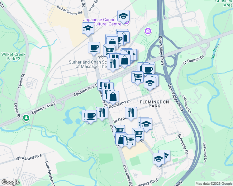 map of restaurants, bars, coffee shops, grocery stores, and more near 2 Sonic way in Toronto