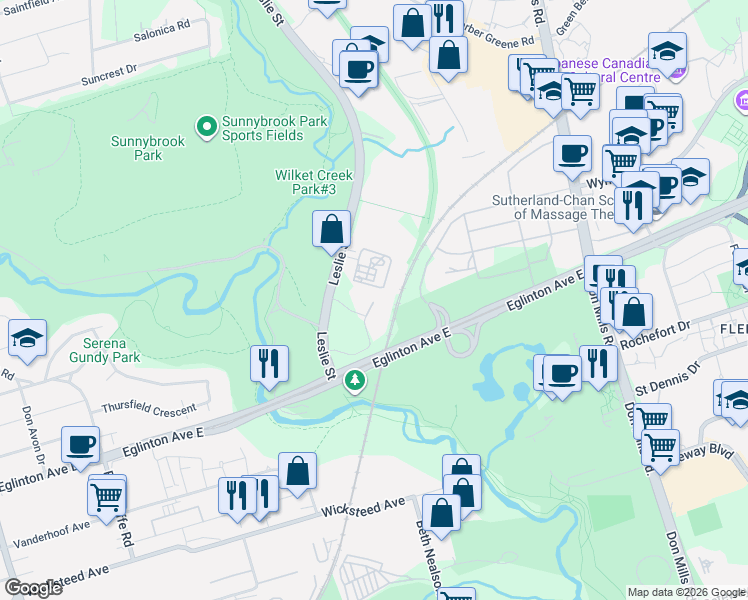map of restaurants, bars, coffee shops, grocery stores, and more near 30 Inn On The Park Drive in Toronto