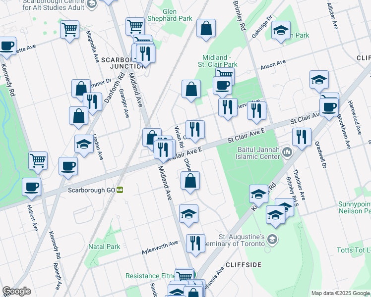 map of restaurants, bars, coffee shops, grocery stores, and more near in Toronto