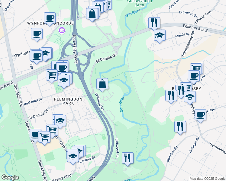 map of restaurants, bars, coffee shops, grocery stores, and more near 20 Edgecliff Golfway in Toronto