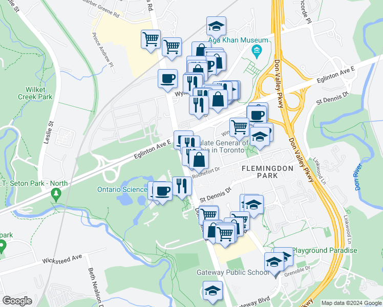 map of restaurants, bars, coffee shops, grocery stores, and more near in Toronto