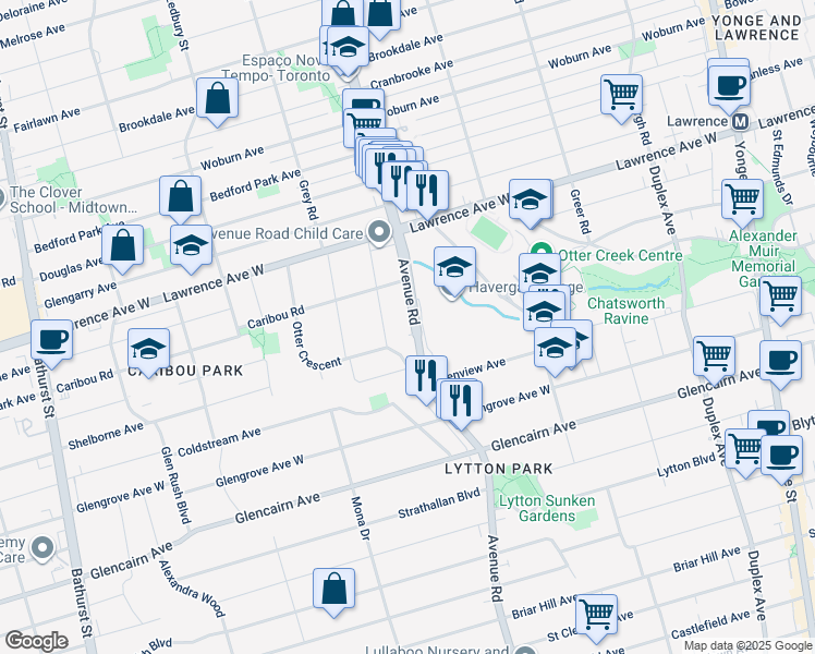 map of restaurants, bars, coffee shops, grocery stores, and more near in Toronto