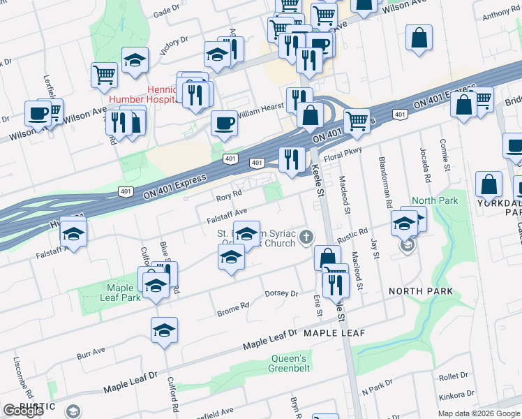 map of restaurants, bars, coffee shops, grocery stores, and more near 295 Falstaff Avenue in Toronto