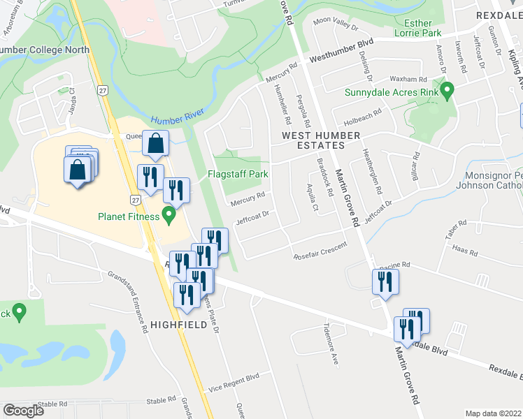 map of restaurants, bars, coffee shops, grocery stores, and more near 329 Jeffcoat Drive in Toronto