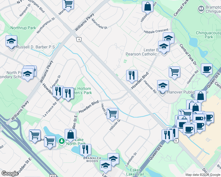 map of restaurants, bars, coffee shops, grocery stores, and more near 77 Lord Simcoe Drive in Brampton