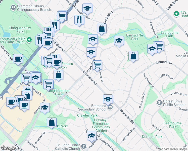 map of restaurants, bars, coffee shops, grocery stores, and more near 38 Eden Park in Brampton