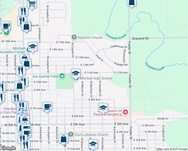 map of restaurants, bars, coffee shops, grocery stores, and more near 801-1099 North Gamble Street in Mitchell