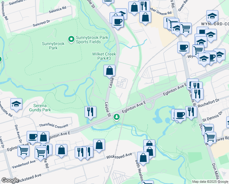 map of restaurants, bars, coffee shops, grocery stores, and more near Leslie Street in Toronto