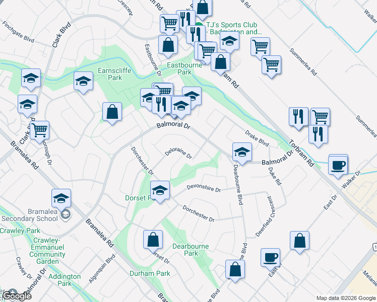 map of restaurants, bars, coffee shops, grocery stores, and more near 39 Deloraine Drive in Brampton