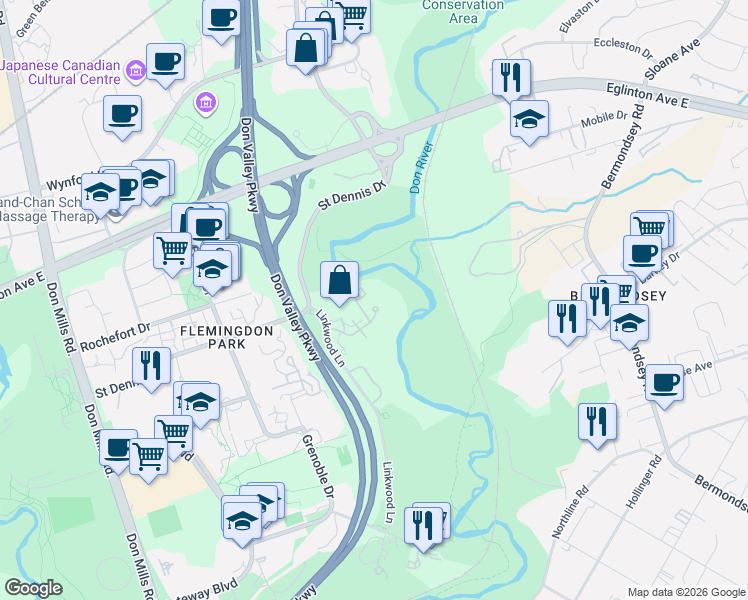 map of restaurants, bars, coffee shops, grocery stores, and more near 20 Edgecliff Golfway in Toronto