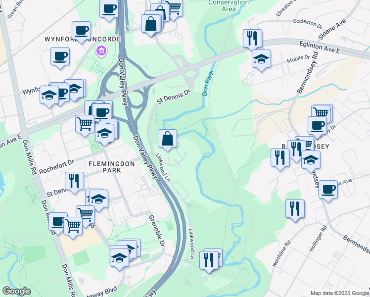 map of restaurants, bars, coffee shops, grocery stores, and more near 20 Edgecliff Golfway in Toronto