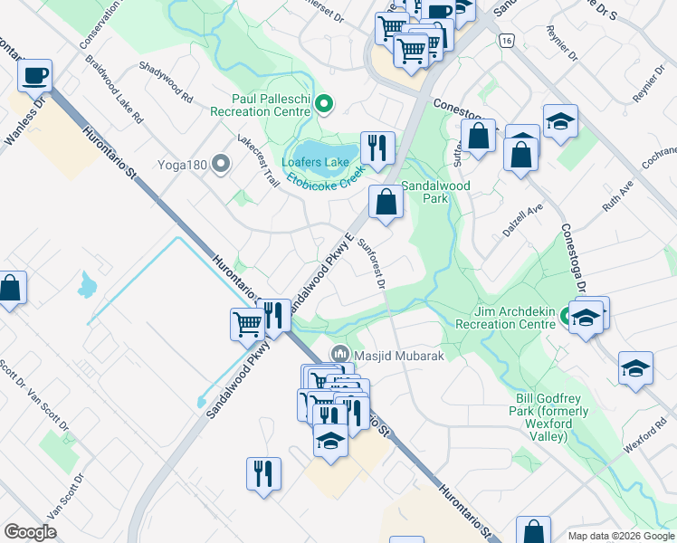 map of restaurants, bars, coffee shops, grocery stores, and more near 71 Townley Crescent in Brampton