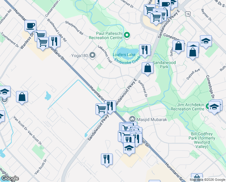 map of restaurants, bars, coffee shops, grocery stores, and more near 41 Tanager Square in Brampton