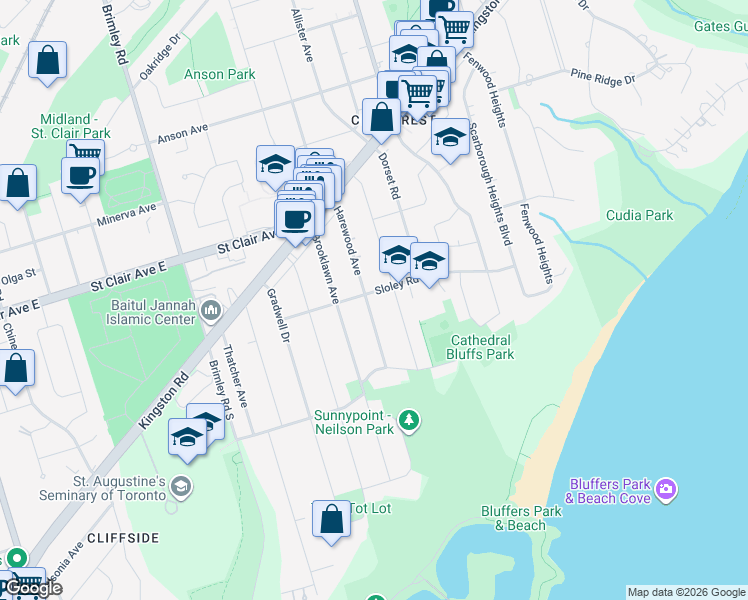 map of restaurants, bars, coffee shops, grocery stores, and more near 33 Harewood Avenue in Toronto