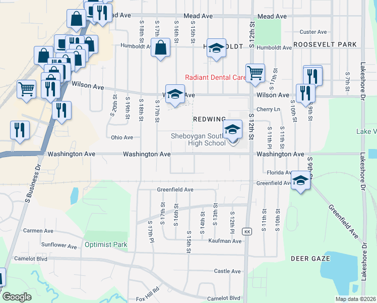 map of restaurants, bars, coffee shops, grocery stores, and more near 3415 South 15th Street in Sheboygan