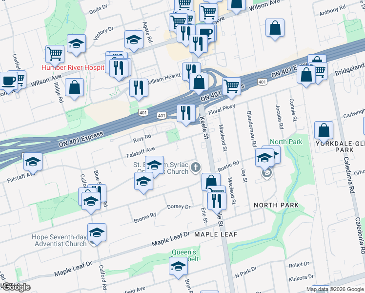 map of restaurants, bars, coffee shops, grocery stores, and more near 5 Amber Crescent in Toronto