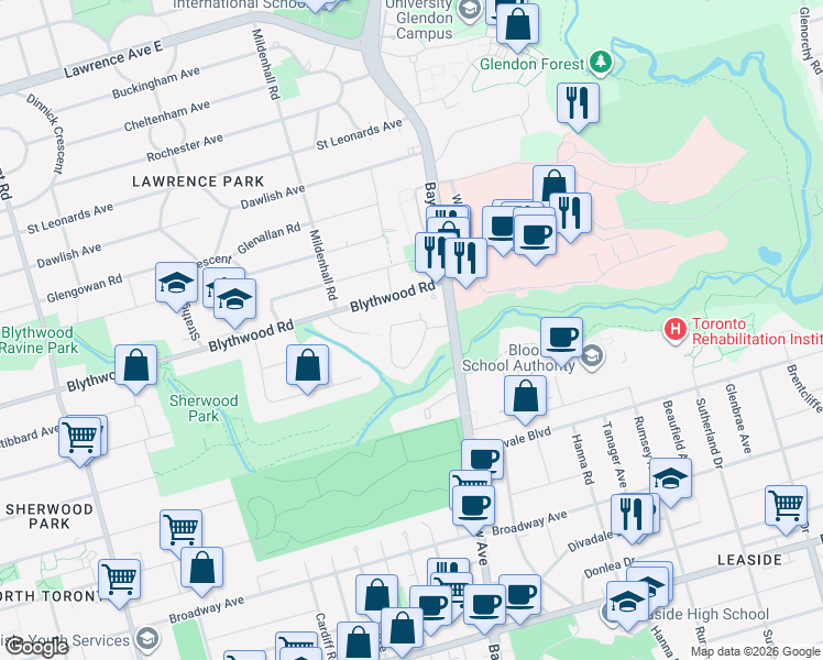 map of restaurants, bars, coffee shops, grocery stores, and more near 52 Sunnydene Crescent in Toronto