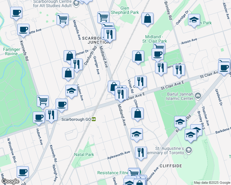 map of restaurants, bars, coffee shops, grocery stores, and more near 559 Midland Avenue in Toronto