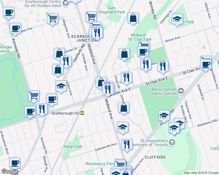 map of restaurants, bars, coffee shops, grocery stores, and more near 29 Olga Street in Toronto