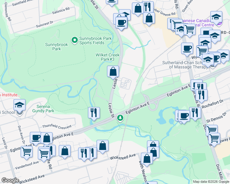 map of restaurants, bars, coffee shops, grocery stores, and more near 10 Inn On The Park Drive in Toronto