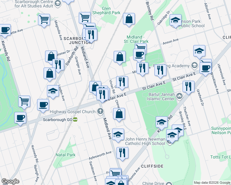 map of restaurants, bars, coffee shops, grocery stores, and more near 9 Vivian Road in Toronto
