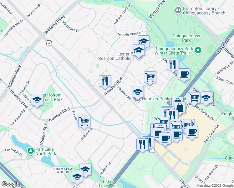 map of restaurants, bars, coffee shops, grocery stores, and more near 5 Holmcrest Court in Brampton