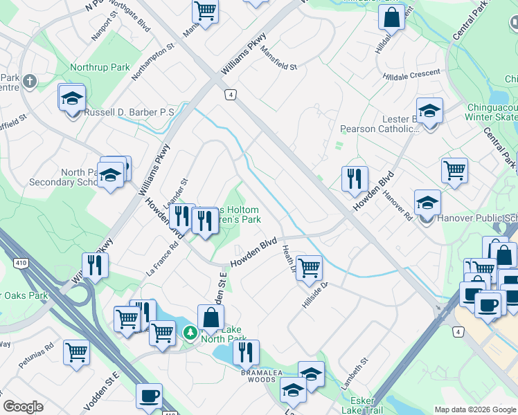 map of restaurants, bars, coffee shops, grocery stores, and more near 21 Leander Street in Brampton