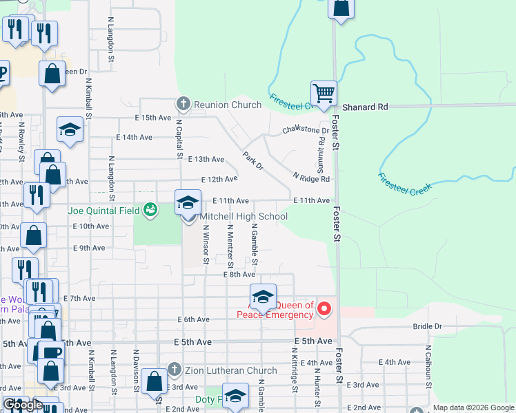 map of restaurants, bars, coffee shops, grocery stores, and more near 801-1099 North Gamble Street in Mitchell