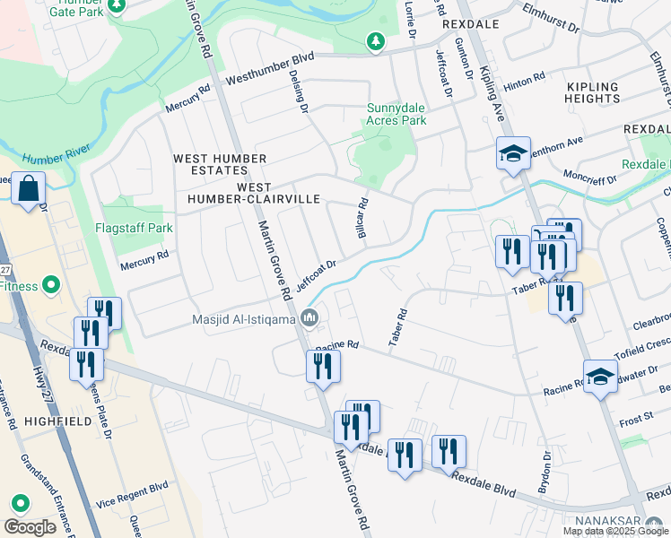 map of restaurants, bars, coffee shops, grocery stores, and more near 169 Jeffcoat Drive in Toronto