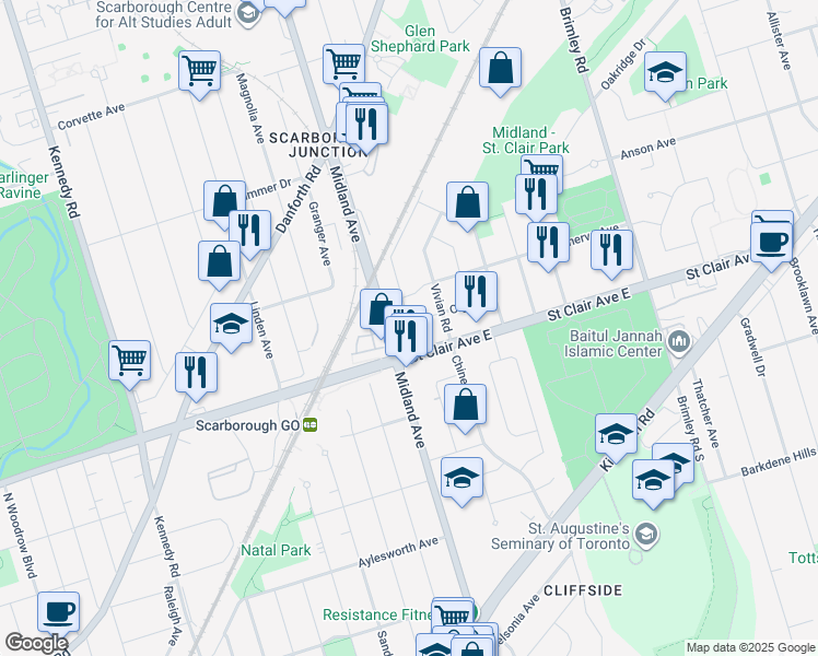 map of restaurants, bars, coffee shops, grocery stores, and more near 27 Olga Street in Toronto