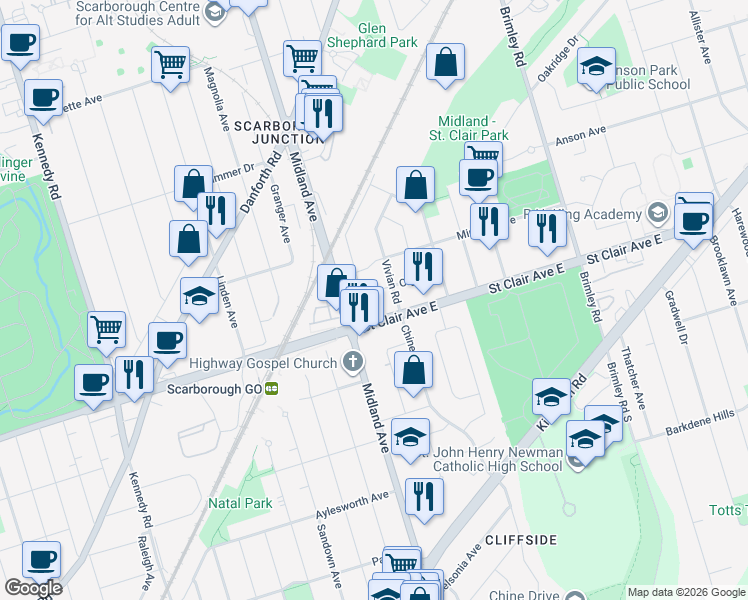 map of restaurants, bars, coffee shops, grocery stores, and more near 37 Olga Street in Toronto