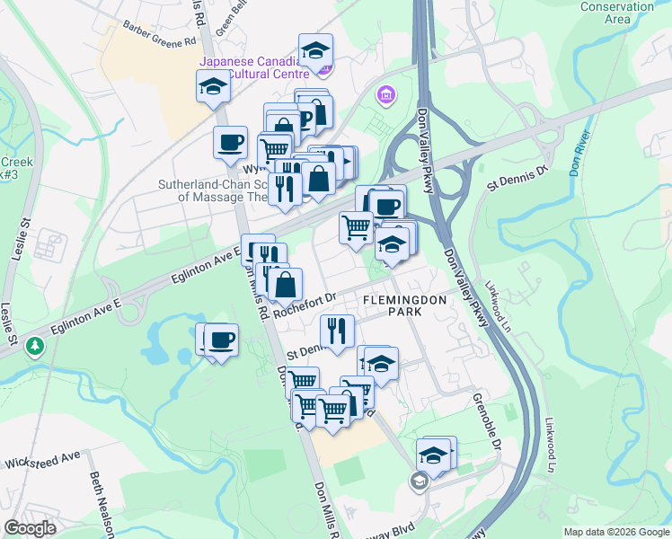 map of restaurants, bars, coffee shops, grocery stores, and more near 10 Wilket Creek Road in Toronto