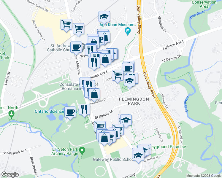 map of restaurants, bars, coffee shops, grocery stores, and more near 10 Wilket Creek Road in Toronto