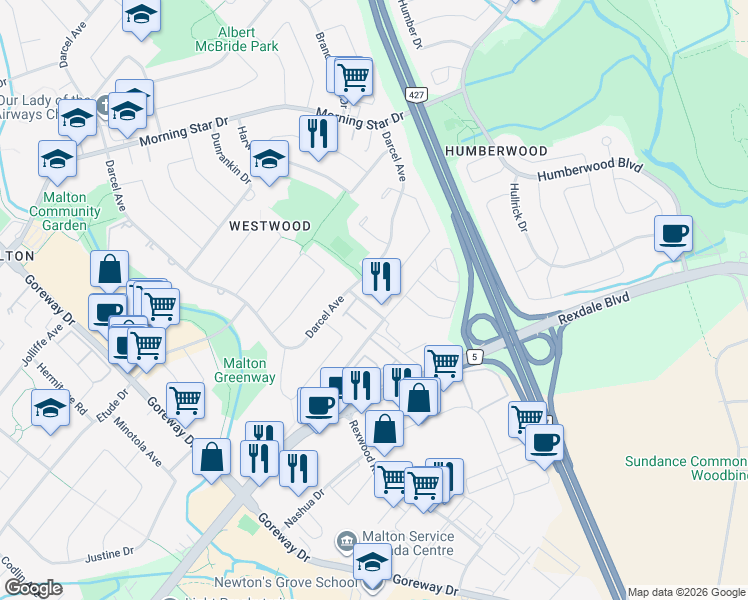 map of restaurants, bars, coffee shops, grocery stores, and more near 7033 Netherbrae Road in Mississauga