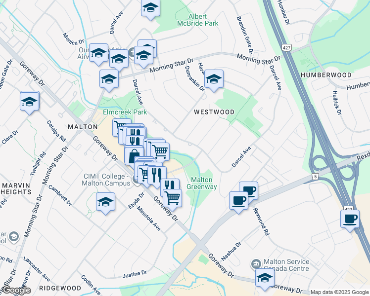 map of restaurants, bars, coffee shops, grocery stores, and more near 7170 Darcel Avenue in Mississauga