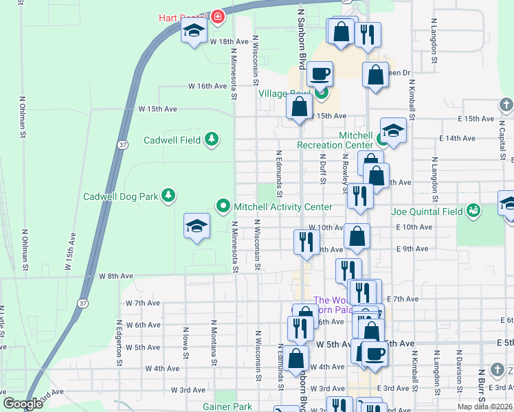 map of restaurants, bars, coffee shops, grocery stores, and more near 1098 North Wisconsin Street in Mitchell