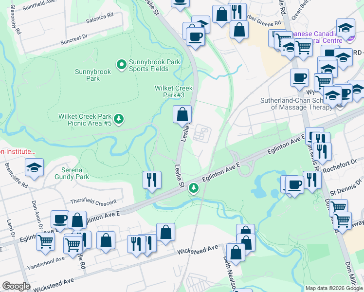 map of restaurants, bars, coffee shops, grocery stores, and more near Leslie Street in Toronto