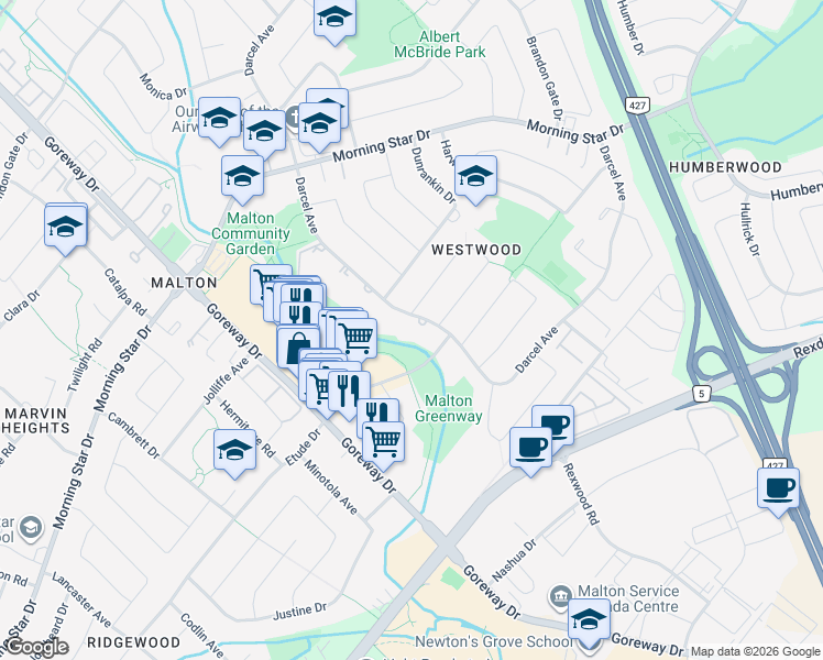 map of restaurants, bars, coffee shops, grocery stores, and more near 7170 Darcel Avenue in Mississauga